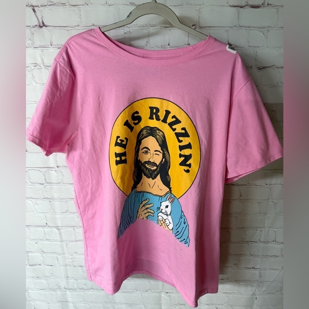 Pink “He Is Rizzin” Easter Jesus Graphic Tee T-Shirt Funny Humor Cute XXL NEW - Picture 2 of 5